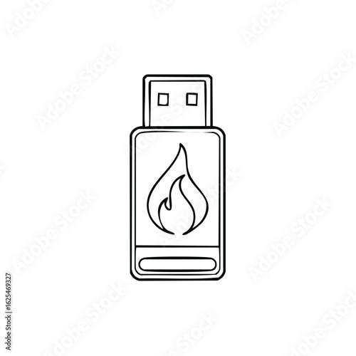 Minimalist line icon of a USB flash drive with a flame symbol representing hot data or fast transfer