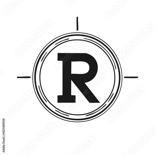 Minimalist letter R logo in a sketchy circular frame with compass points