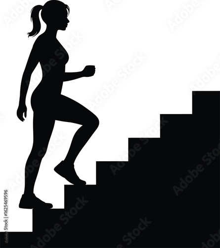 Fit woman in athletic wear climbing stairs in a dynamic silhouette against a white background