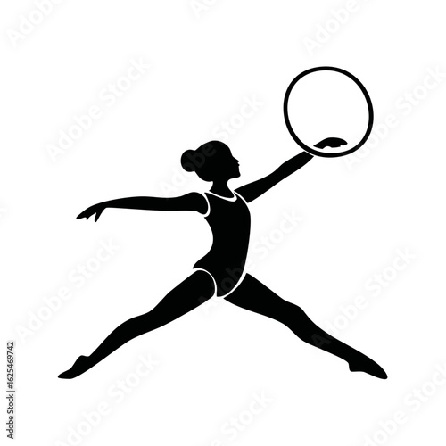 Gymnast silhouette performing with hoop, rhythmic gymnastics, woman with ring, artistic sport