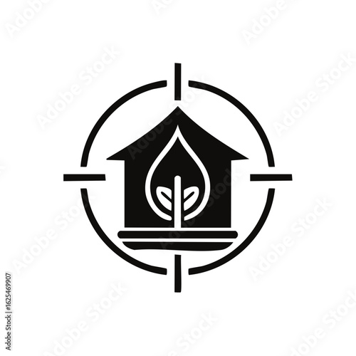 Targeted eco home and leaf icon with crosshairs graphic