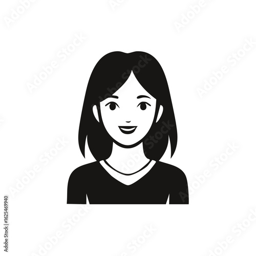 Minimalist black and white portrait of a smiling young woman. Vector illustration user avatar icon.