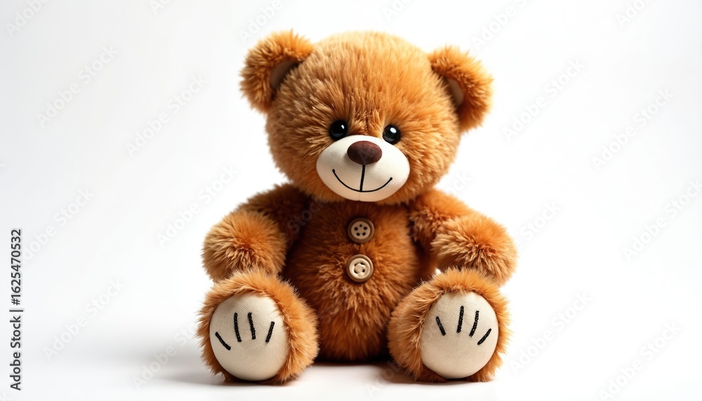 Obraz premium Fluffy brown teddy bear sits patiently. Soft plush toy with classic button detail, stitched paws. Perfect gift for children, symbolizing childhood, comfort, love. Isolated on pure white background.