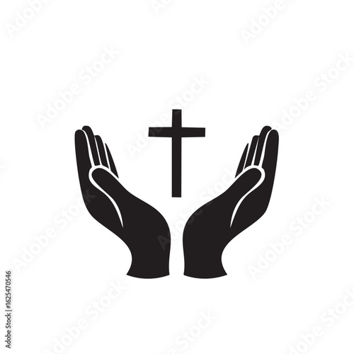 Hands Holding Christian Cross Symbol of Hope and Faith in Black and White