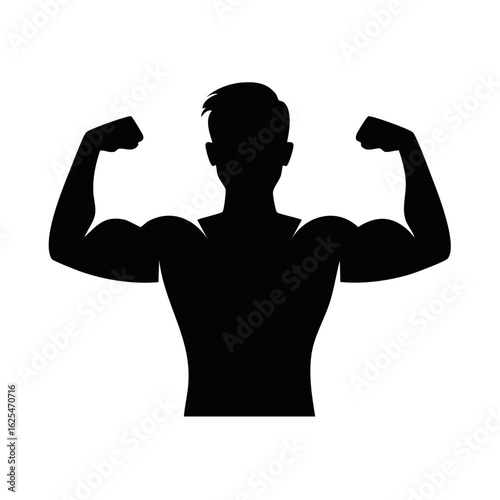 Silhouette of a muscular man flexing his biceps, bodybuilder icon for fitness and gym concepts