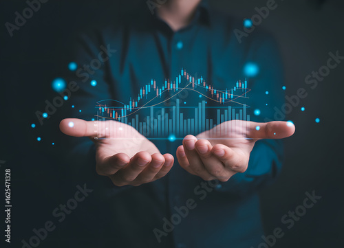 Investor's Digital Chart: A person's hands cradling a holographic financial chart, representing the dynamic evolution of investments and the promise of prosperous growth.