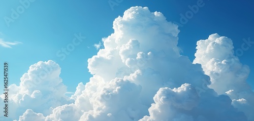 Vast blue sky with dramatic fluffy cumulus clouds. Close-up view of bright white cloud formations against clear sky background. Natural weather phenomenon, summer atmosphere, good for design