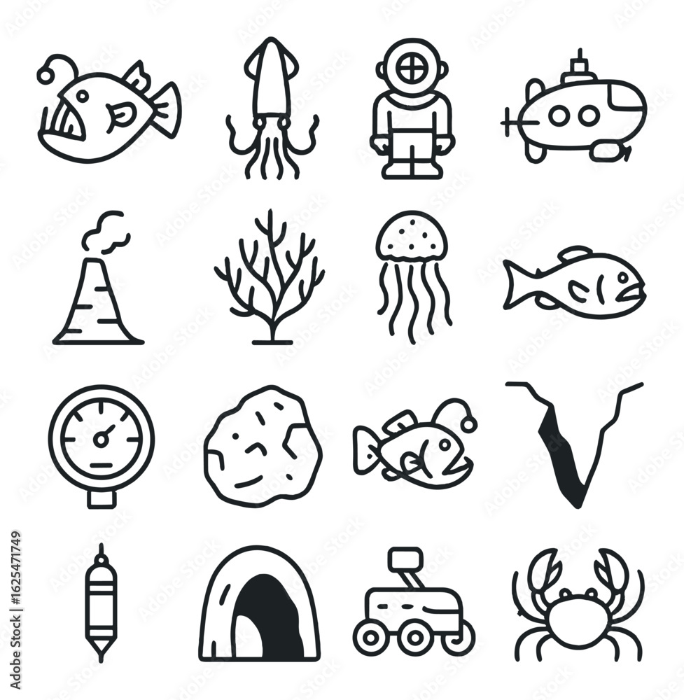 Fototapeta premium Underwater exploration silhouette icon set: fish, diver, submarine, volcano, jellyfish, coral, crab, rover, cave
