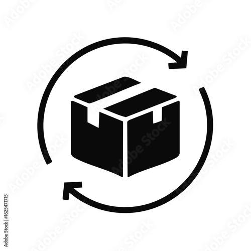 Package delivery rotation arrows around a cardboard box icon symbolizing logistics and shipping services