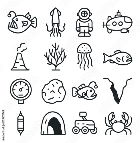 Underwater exploration silhouette icon set: fish, diver, submarine, volcano, jellyfish, coral, crab, rover, cave