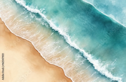 Abstract watercolor illustration shows ocean waves gently meeting sandy beach. Shades of blue, green create fluid gradient, evoking calmness, summer relaxation. Coastal scenery with detailed water