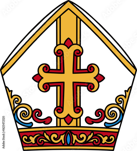Ornate Papal Mitre Vector Illustration with Golden Cross and Decorative Red-Blue Details – Catholic Bishop Hat Clipart