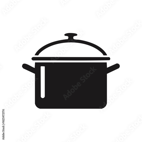 Black cooking pot icon with lid and handles on white background