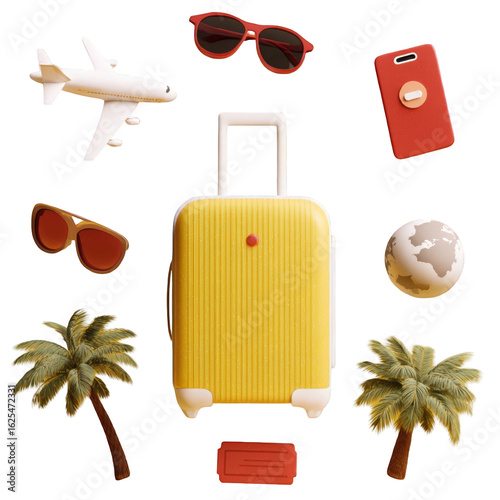 3D rendered collection of colorful travel vacation essentials with a yellow suitcase airplane sunglasses and globe.