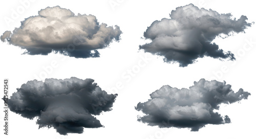 Photo of a collection of four cloud illustrations isolated on transparent background, showcasing various shapes and atmospheric conditions