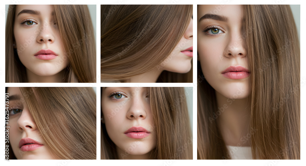 Obraz premium Woman with Straight Brown Hair Collage, Beauty and Fashion Portrait on transparent background