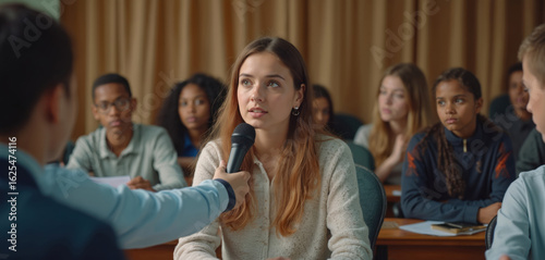 Student speaks into microphone at school parliament. Teenagers debate and voice opinions during education session. Teacher facilitates civic engagement, empowering youth participation in democracy.