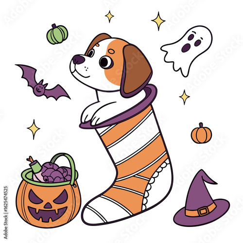 Creative SVG: Excited Dog with snuggled in a sock in a Spooky Fun colored Halloween theme