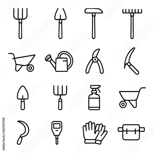 Gardening linear icon set. includes spade, rake, wheelbarrow, watering can, pruner, gloves, trowel, hoe, sickle.