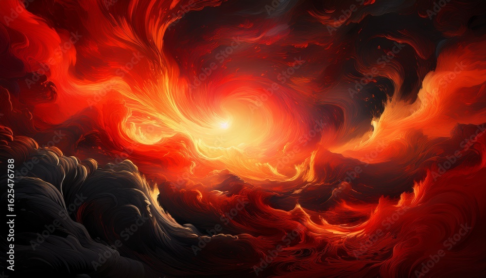 Fototapeta premium abstract fiery red and black landscape blurred dynamic swirling cloudscape with a glowing center