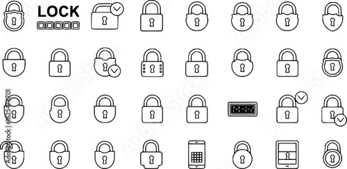 Lock icon collection. Locked and unlocked black line icon set. Flat security symbol. Vector illustration.