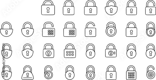 Lock icon collection. Locked and unlocked black line icon set. Flat security symbol. Vector illustration.