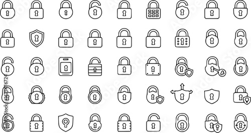 Lock icon collection. Locked and unlocked black line icon set. Flat security symbol. Vector illustration.