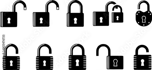 Lock icon collection. Locked and unlocked black line icon set. Flat security symbol. Vector illustration.