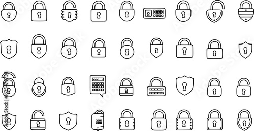 Lock icon collection. Locked and unlocked black line icon set. Flat security symbol. Vector illustration.