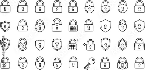Lock icon collection. Locked and unlocked black line icon set. Flat security symbol. Vector illustration.