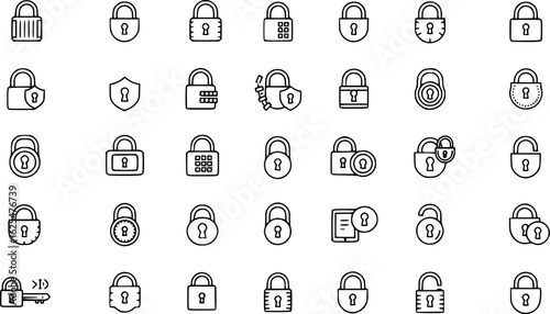 Lock icon collection. Locked and unlocked black line icon set. Flat security symbol. Vector illustration.