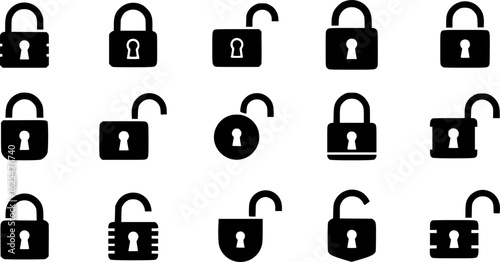 Lock icon collection. Locked and unlocked black line icon set. Flat security symbol. Vector illustration.