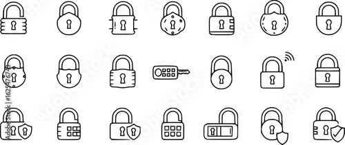 Lock icon collection. Locked and unlocked black line icon set. Flat security symbol. Vector illustration.