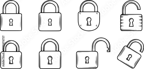 Lock icon collection. Locked and unlocked black line icon set. Flat security symbol. Vector illustration.