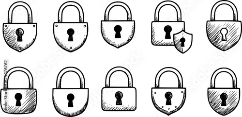 Lock icon collection. Locked and unlocked black line icon set. Flat security symbol. Vector illustration.
