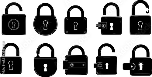 Lock icon collection. Locked and unlocked black line icon set. Flat security symbol. Vector illustration.