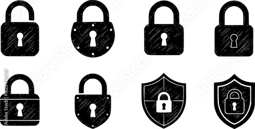 Lock icon collection. Locked and unlocked black line icon set. Flat security symbol. Vector illustration.