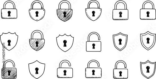 Lock icon collection. Locked and unlocked black line icon set. Flat security symbol. Vector illustration.