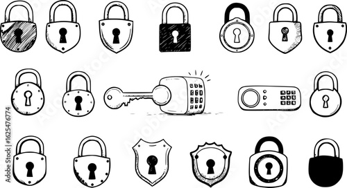 Lock icon collection. Locked and unlocked black line icon set. Flat security symbol. Vector illustration.