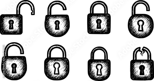 Lock icon collection. Locked and unlocked black line icon set. Flat security symbol. Vector illustration.