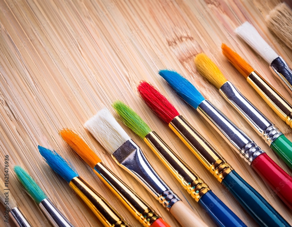 Fototapeta premium colorful paintbrushes arranged neatly on a wooden surface