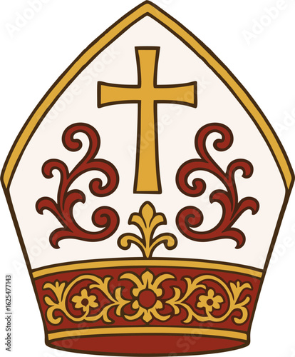 Elegant Papal Mitre Vector with Gold Cross and Floral Ornament – Catholic Bishop Hat Illustration