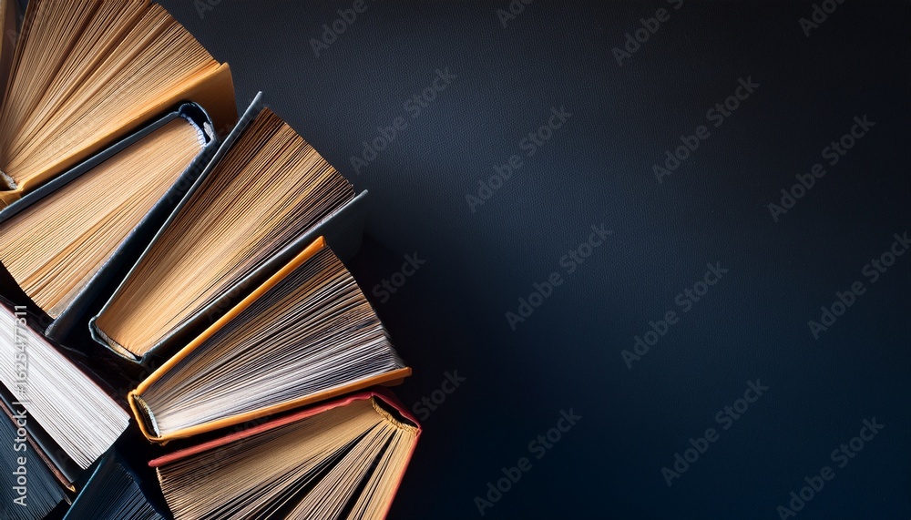 Fototapeta premium horizontal image of a top view of a stack of books dark background with copy space for text world book day concept for banner design cover thumbnail social media business linkedin presentat