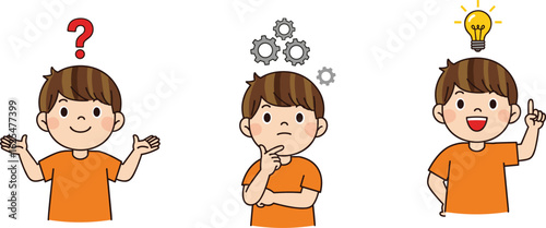 Flat vector illustration depicting a little boy in an orange shirt and blue shorts, with various emotions and body language