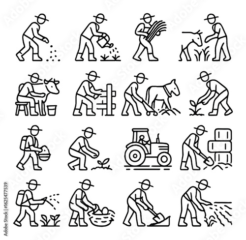 Farming linear icon set. includes sowing, watering, harvesting, livestock, tractor, planting, gardening.