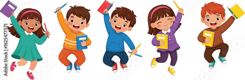 Flat vector illustration depicting a little girl with various emotions and body language, including happiness, excitement, shyness, and waving gestures