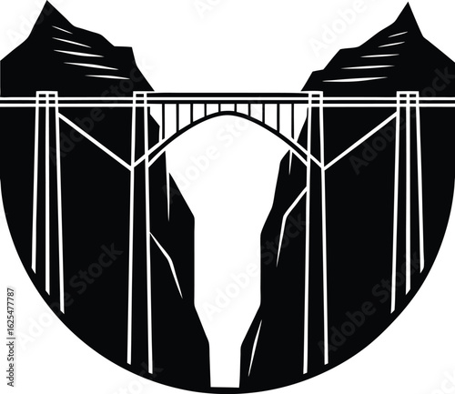 Majestic Arch Bridge Spanning a Deep Canyon Gorge Between Rugged Mountain Peaks new 2025 trendy silhouette in white background