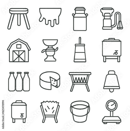 Dairy farm linear icon set: barn, milk, cheese, bucket, scale, kettle, yogurt, bell, cow, bottle