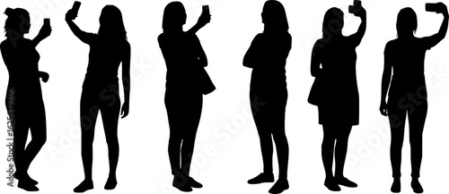 Woman taking selfie silhouettes set. silhouettes of people taking selfies. Woman taking selfie of holding and talking on mobile phone. Woman taking selfie with smartphone on white background. 