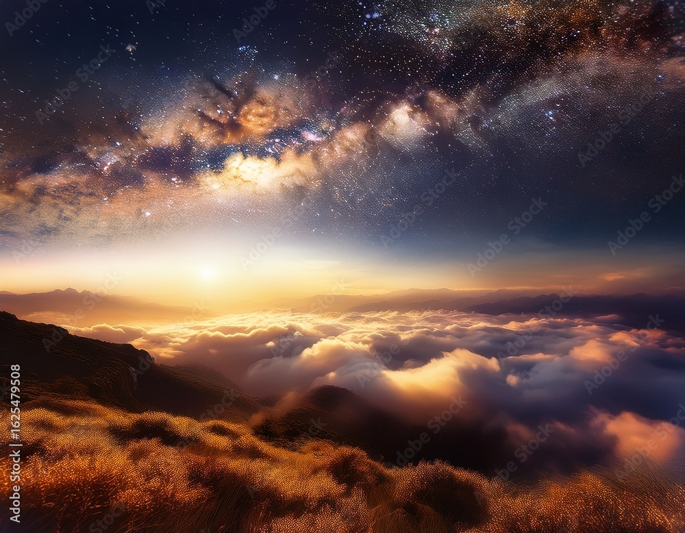 Fototapeta premium golden light and celestial stars illuminating dreamlike cloudscape in majestic panorama
